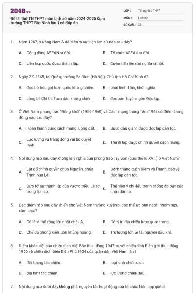 Đề thi thử TN THPT môn Lịch sử năm 2024-2025 Cụm trường THPT Bắc Ninh lần 1 có đáp án
