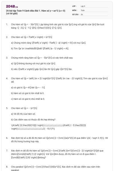 26 bài tập Toán 9 Cánh diều Bài 1. Hàm số y = ax^2 (a ≠ 0) (có lời giải)
