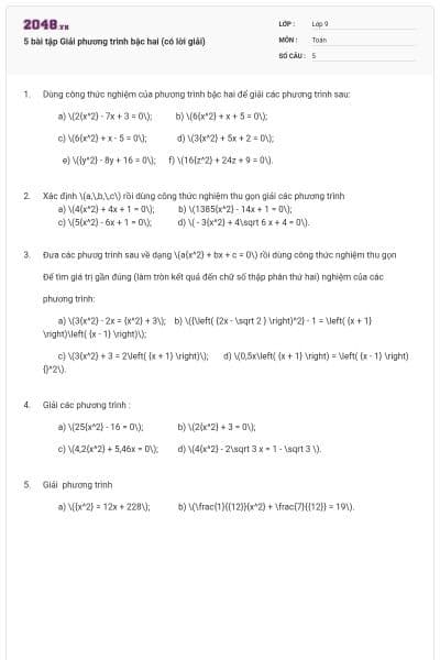 5 bài tập Giải phương trình bậc hai (có lời giải)