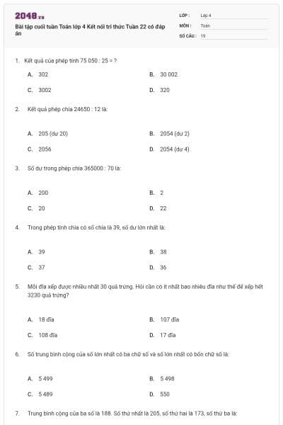 Bài tập cuối tuần Toán lớp 4 Kết nối tri thức Tuần 22 có đáp án