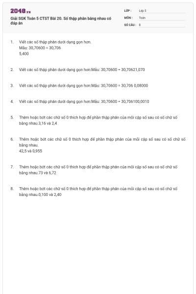 Giải SGK Toán 5 CTST Bài 20. Số thập phân bằng nhau có đáp án