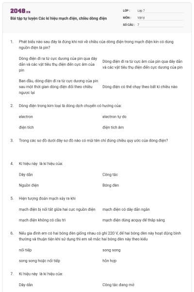 Bài tập tự luyện Các kí hiệu mạch điện, chiều dòng điện