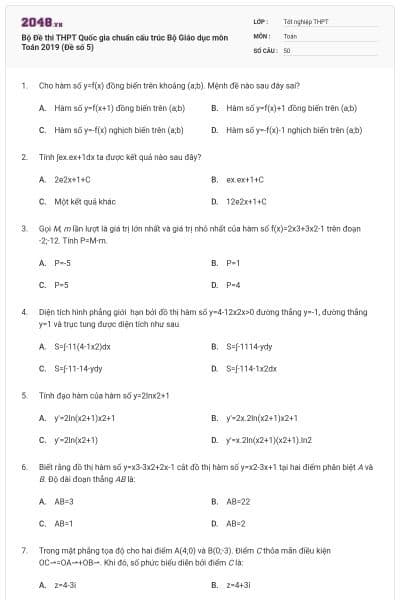 Bộ Đề thi THPT Quốc gia chuẩn cấu trúc Bộ Giáo dục môn Toán 2019 (Đề số 5)