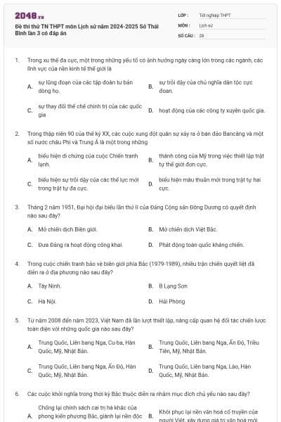 Đề thi thử TN THPT môn Lịch sử năm 2024-2025 Sở Thái Bình lần 3 có đáp án