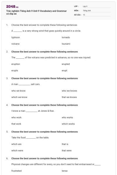 Trắc nghiệm Tiếng Anh 9 Unit 9 Vocabulary and Grammar có đáp án