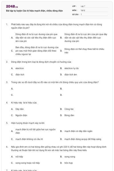 Bài tập tự luyện Các kí hiệu mạch điện, chiều dòng điện