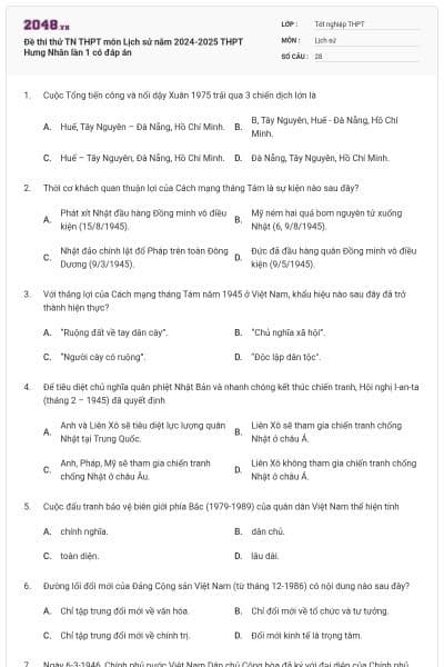 Đề thi thử TN THPT môn Lịch sử năm 2024-2025 THPT Hưng Nhân lần 1 có đáp án