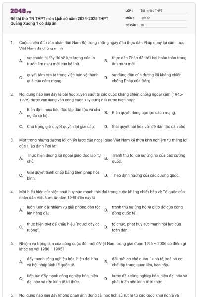 Đề thi thử TN THPT môn Lịch sử năm 2024-2025 THPT Quảng Xương 1 có đáp án