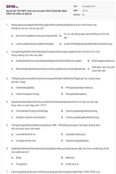Đề thi thử TN THPT môn Lịch sử năm 2024-2025 Bắc Ninh 2025 mã chẵn có đáp án