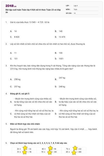 Bài tập cuối tuần Toán lớp 4 Kết nối tri thức Tuần 23 có đáp án