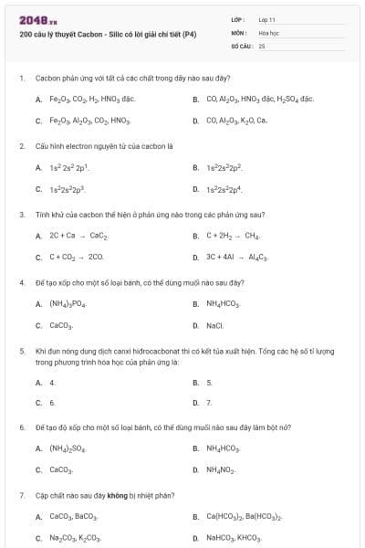 200 câu lý thuyết Cacbon - Silic có lời giải chi tiết (P4)
