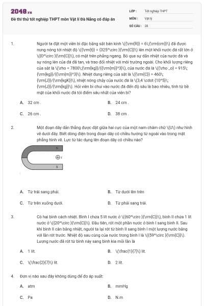 Đề thi thử tốt nghiệp THPT môn Vật lí Đà Nẵng có đáp án