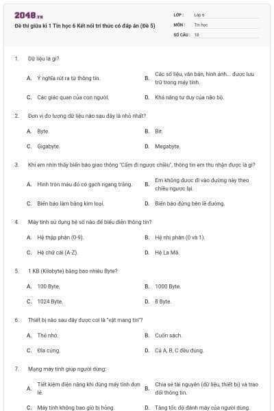 Đề thi giữa kì 1 Tin học 6 Kết nối trí thức có đáp án (Đề 5)