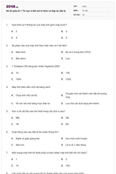 Đề thi giữa kì 1 Tin học 6 Kết nối trí thức có đáp án (Đề 6)