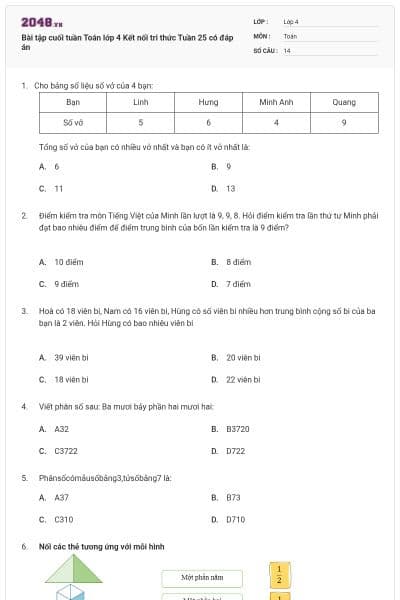 Bài tập cuối tuần Toán lớp 4 Kết nối tri thức Tuần 25 có đáp án