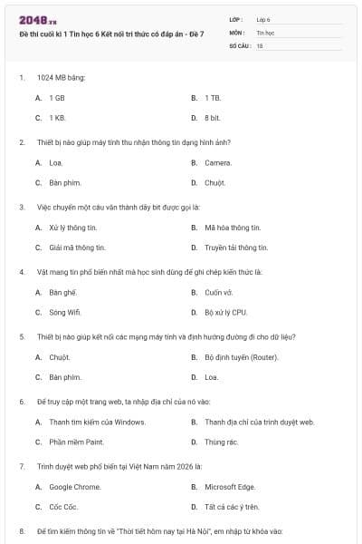 Đề thi cuối kì 1 Tin học 6 Kết nối tri thức có đáp án - Đề 7