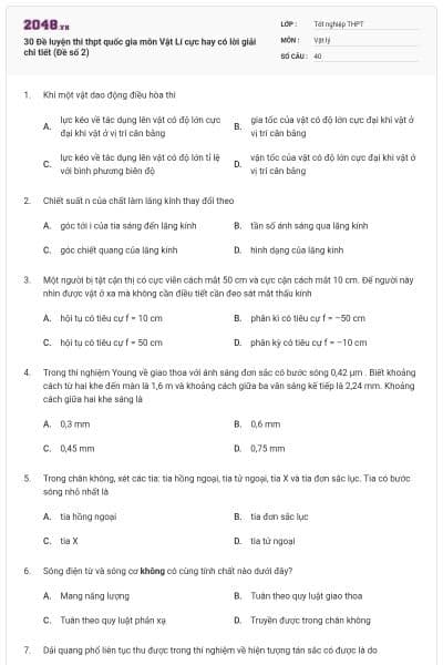 30 Đề luyện thi thpt quốc gia môn Vật Lí cực hay có lời giải chi tiết (Đề số 2)