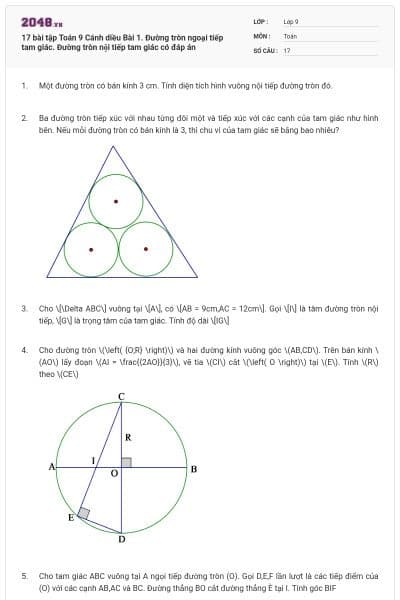 17 bài tập Toán 9 Cánh diều Bài 1. Đường tròn ngoại tiếp tam giác. Đường tròn nội tiếp tam giác có đáp án