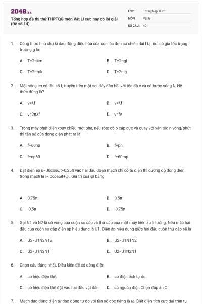 Tổng hợp đề thi thử THPTQG môn Vật Lí cực hay có lời giải (Đề số 14)