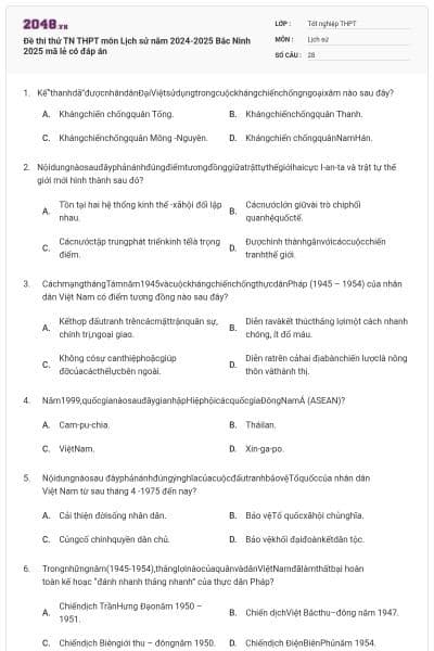 Đề thi thử TN THPT môn Lịch sử năm 2024-2025 Bắc Ninh 2025 mã lẻ có đáp án