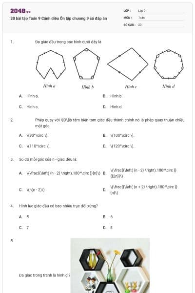 20 bài tập Toán 9 Cánh diều Ôn tập chương 9 có đáp án