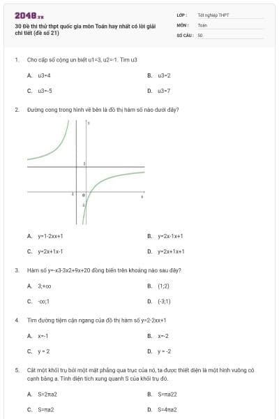 30 Đề thi thử thpt quốc gia môn Toán hay nhất có lời giải chi tiết (đề số 21)