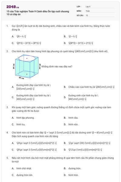 15 câu Trắc nghiệm  Toán 9 Cánh diều Ôn tập cuối chương 10 có đáp án