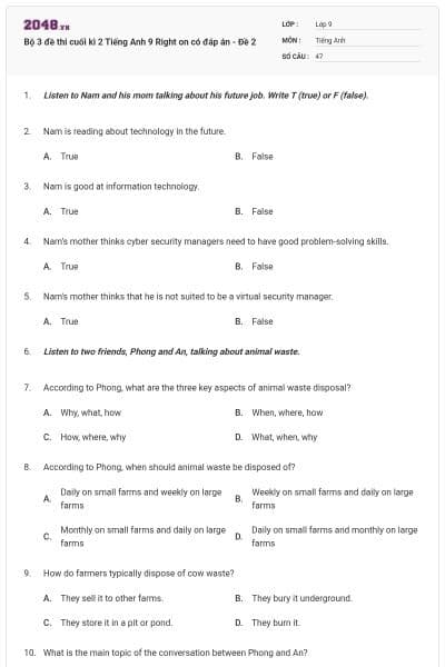 Bộ 3 đề thi cuối kì 2 Tiếng Anh 9 Right on có đáp án - Đề 2