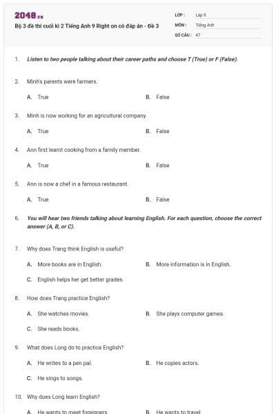 Bộ 3 đề thi cuối kì 2 Tiếng Anh 9 Right on có đáp án - Đề 3