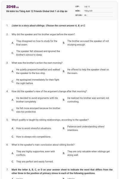 Đề kiểm tra Tiếng Anh 12 Friends Global Unit 1 có đáp án