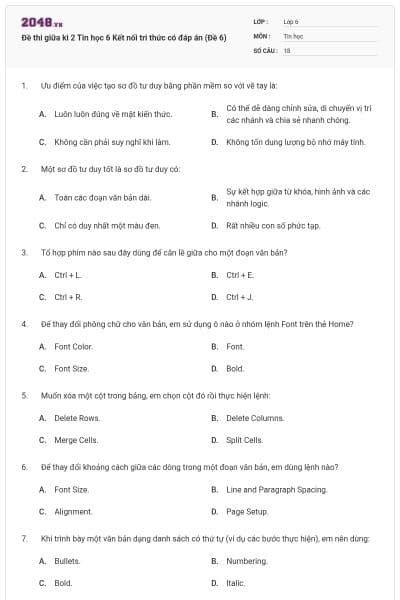 Đề thi giữa kì 2 Tin học 6 Kết nối tri thức có đáp án (Đề 6)