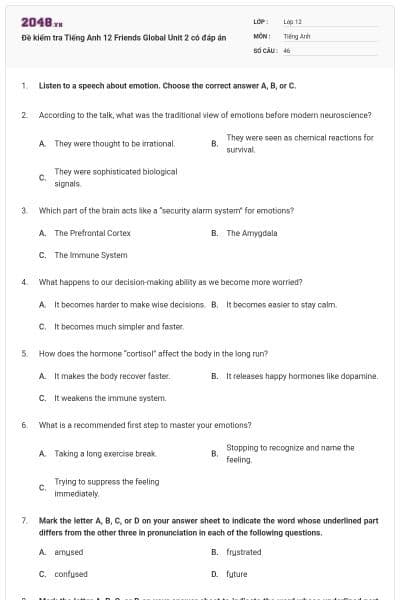 Đề kiểm tra Tiếng Anh 12 Friends Global Unit 2 có đáp án