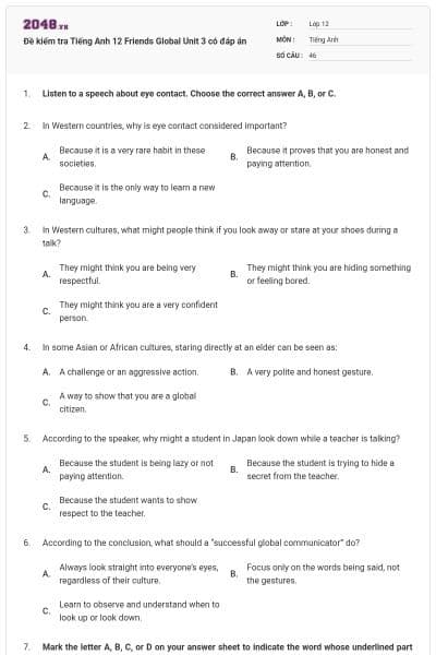 Đề kiểm tra Tiếng Anh 12 Friends Global Unit 3 có đáp án