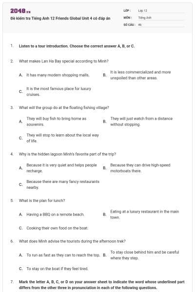 Đề kiểm tra Tiếng Anh 12 Friends Global Unit 4 có đáp án