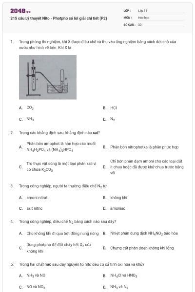 215 câu Lý thuyết Nito - Photpho có lời giải chi tiết (P2)