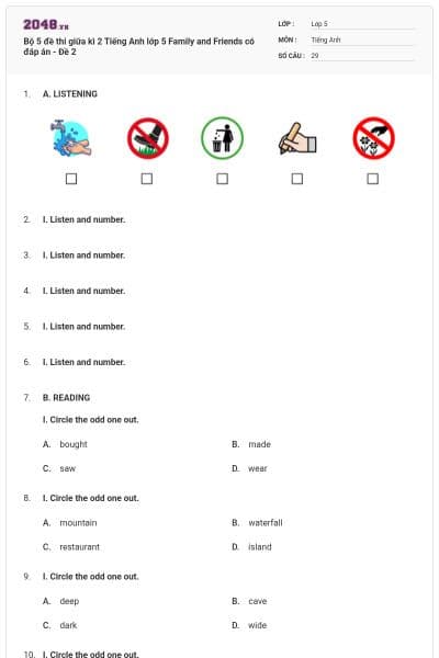 Bộ 5 đề thi giữa kì 2 Tiếng Anh lớp 5 Family and Friends có đáp án - Đề 2