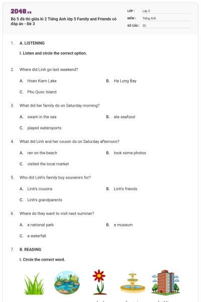 Bộ 5 đề thi giữa kì 2 Tiếng Anh lớp 5 Family and Friends có đáp án - Đề 3