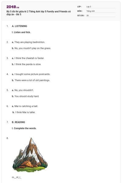 Bộ 5 đề thi giữa kì 2 Tiếng Anh lớp 5 Family and Friends có đáp án - Đề 5