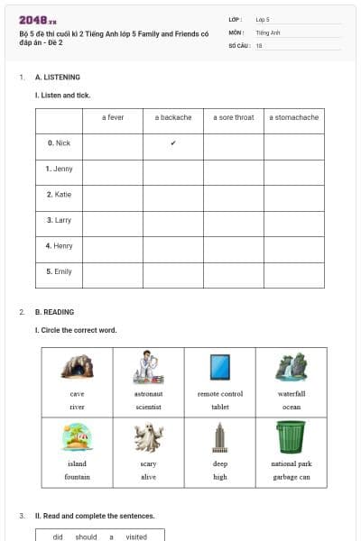 Bộ 5 đề thi cuối kì 2 Tiếng Anh lớp 5 Family and Friends có đáp án - Đề 2