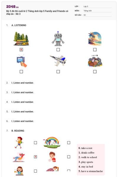 Bộ 5 đề thi cuối kì 2 Tiếng Anh lớp 5 Family and Friends có đáp án - Đề 3