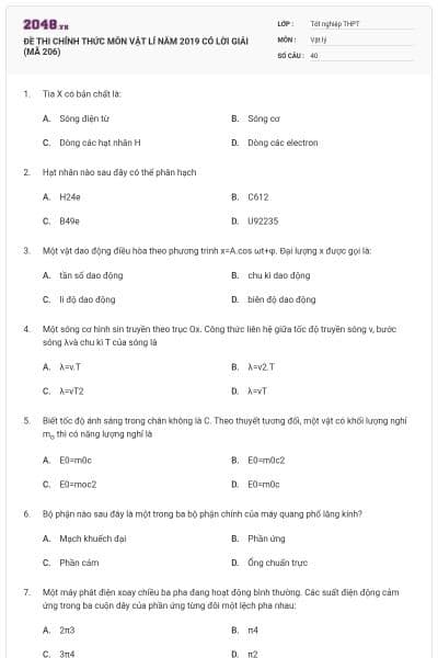 ĐỀ THI CHÍNH THỨC MÔN VẬT LÍ NĂM 2019 CÓ LỜI GIẢI (MÃ 206)