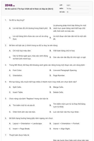 Đề thi cuối kì 2 Tin học 6 Kết nối trí thức có đáp án (Đề 6)