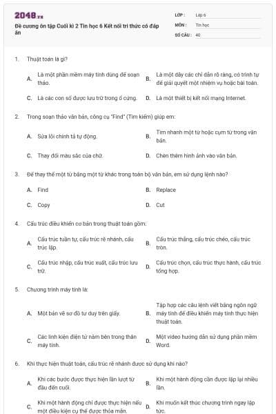 Đề cương ôn tập Cuối kì 2 Tin học 6 Kết nối tri thức có đáp án