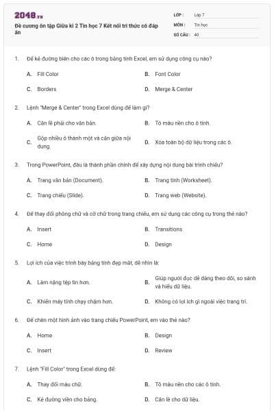 Đề cương ôn tập Giữa kì 2 Tin học 7 Kết nối tri thức có đáp án