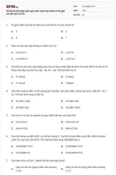 30 Đề thi thử thpt quốc gia môn Toán hay nhất có lời giải chi tiết (đề số 22)