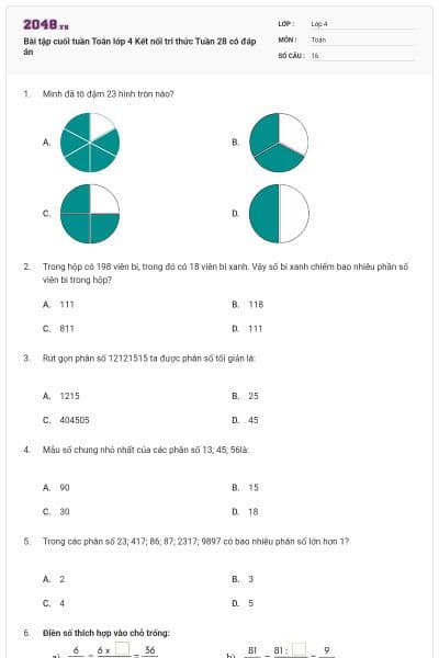 Bài tập cuối tuần Toán lớp 4 Kết nối tri thức Tuần 28 có đáp án