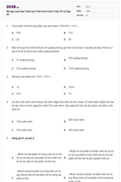 Bài tập cuối tuần Toán lớp 4 Kết nối tri thức Tuần 29 có đáp án