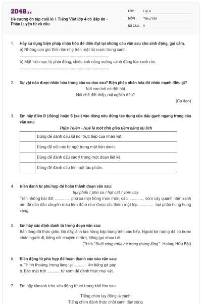 Đề cương ôn tập cuối kì 1 Tiếng Việt lớp 4 có đáp án - Phần Luyện từ và câu
