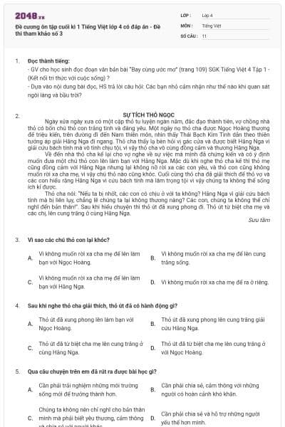 Đề cương ôn tập cuối kì 1 Tiếng Việt lớp 4 có đáp án - Đề thi tham khảo số 3