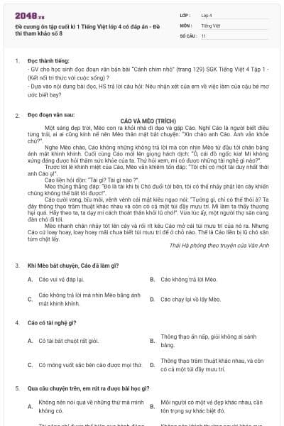 Đề cương ôn tập cuối kì 1 Tiếng Việt lớp 4 có đáp án - Đề thi tham khảo số 8